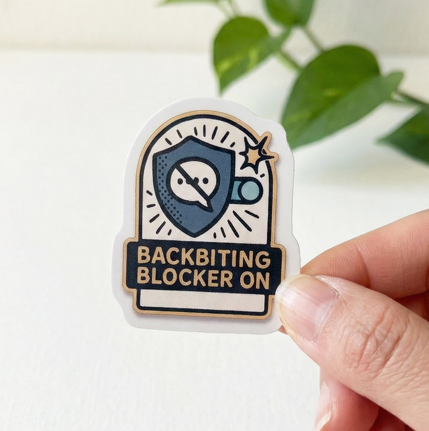 Backbiting Blocker ON – Shield Sticker (5 cm) • Waterproof Vinyl