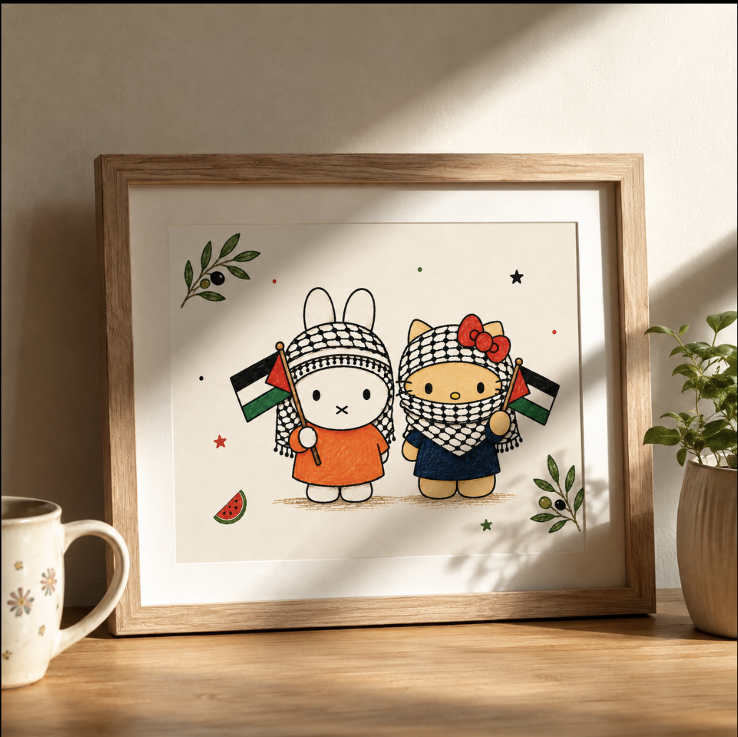 Miffy & Hello Kitty wearing keffiyeh scarf | Palestine | Wall Art Print, Unframed A5/A4 - Image 2