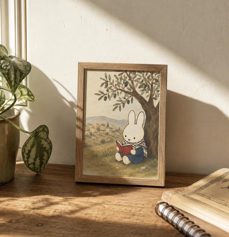 Miffy wearing keffiyeh scarf reading book under tree | Palestine | Wall Art Print, Unframed A5/A4 - Image 2