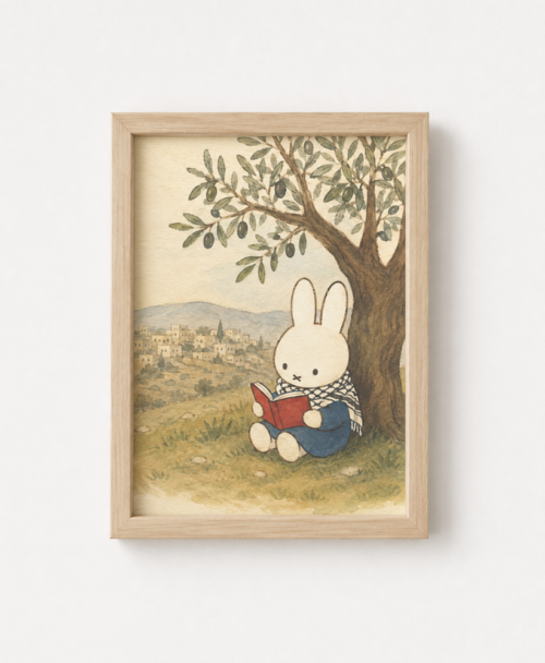 Miffy wearing keffiyeh scarf reading book under tree | Palestine | Wall Art Print, Unframed A5/A4