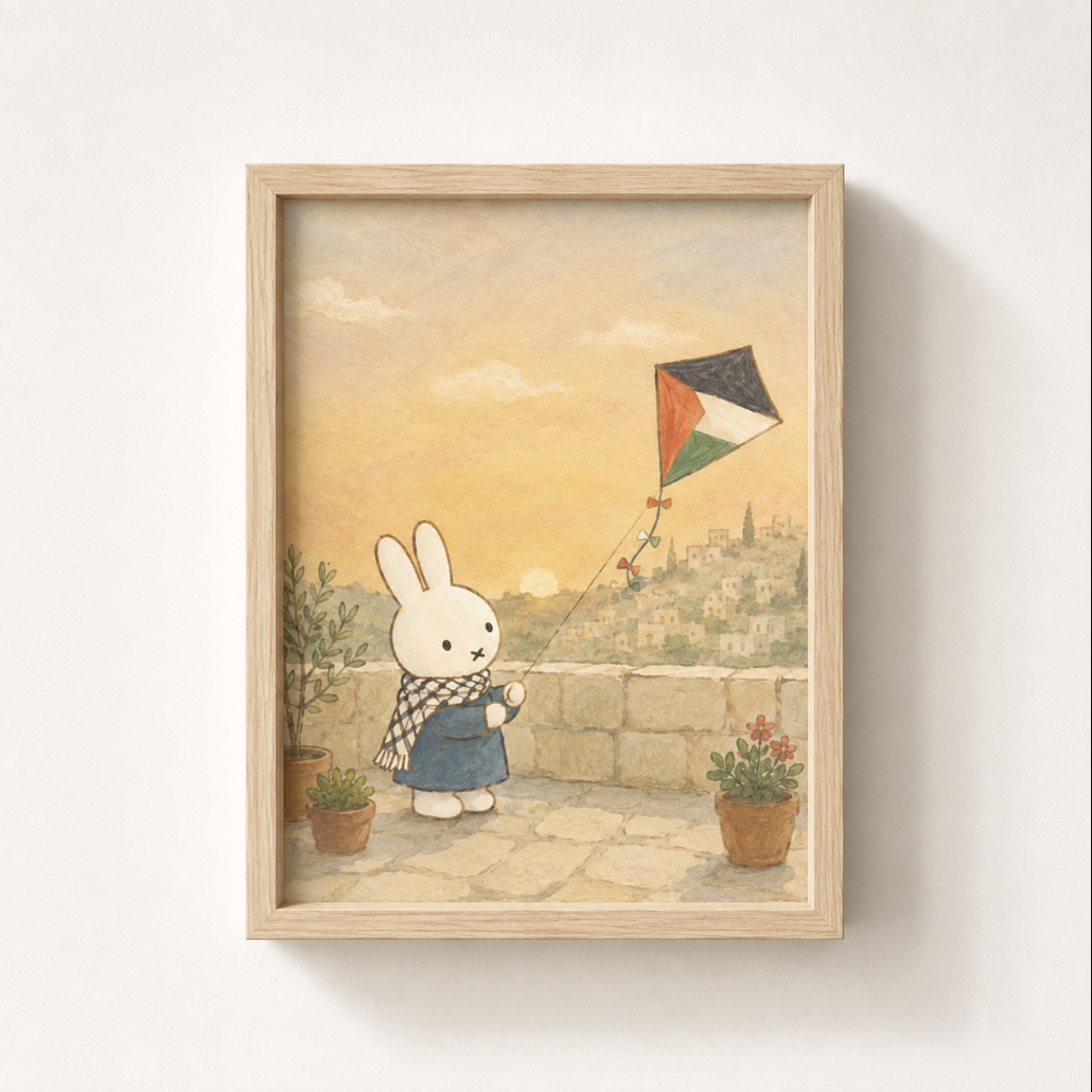Miffy wearing keffiyeh scarf flying kite | Palestine | Wall Art Print, Unframed A5/A4