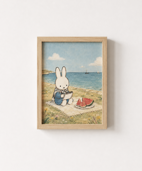 Miffy wearing keffiyeh scarf picnic | Palestine | Wall Art Print, Unframed A5/A4