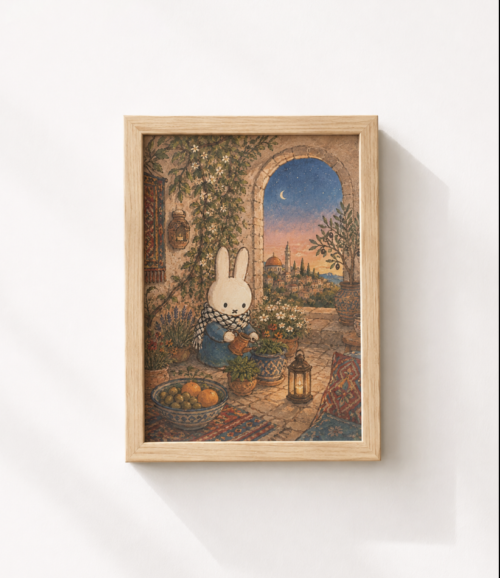 Miffy wearing keffiyeh scarf watering plants | Palestine | Wall Art Print, Unframed A5/A4
