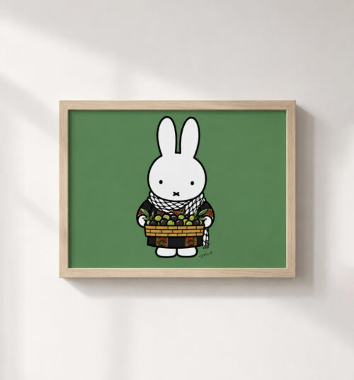 Miffy wearing keffiyeh scarf carrying basket of olives| Palestine | Wall Art Print, Unframed A5/A4