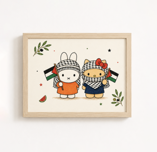 Miffy & Hello Kitty wearing keffiyeh scarf | Palestine | Wall Art Print, Unframed A5/A4