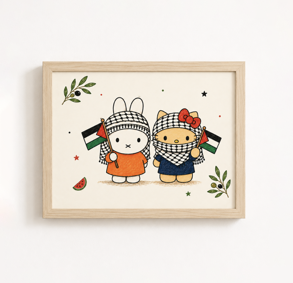 Miffy & Hello Kitty wearing keffiyeh scarf | Palestine | Wall Art Print, Unframed A5/A4