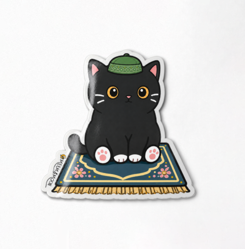 Muslim black cat in green kufi hat sticker (5.5 cm) • Waterproof Vinyl
