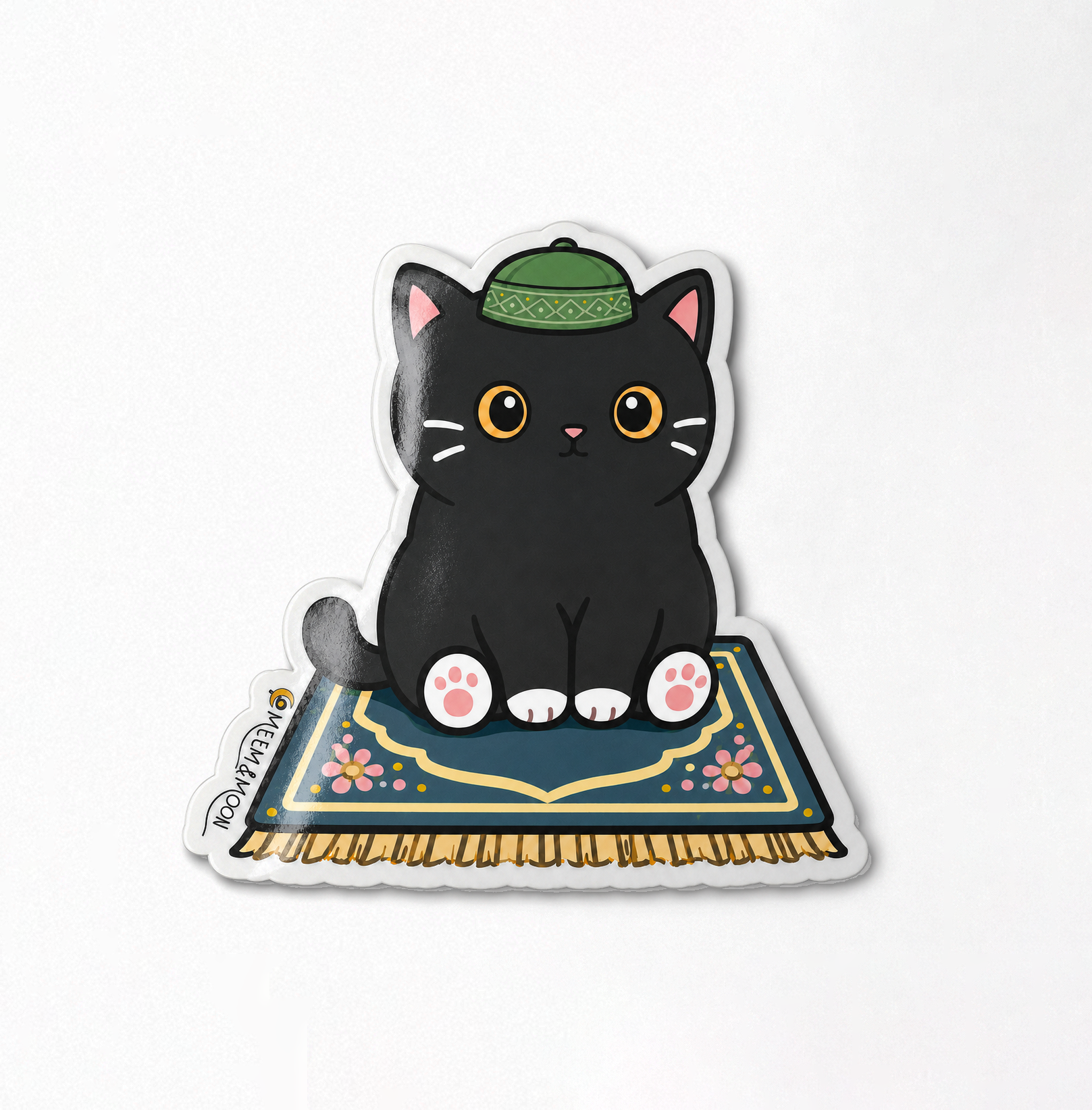 Muslim black cat in green kufi hat sticker (5.5 cm) • Waterproof Vinyl