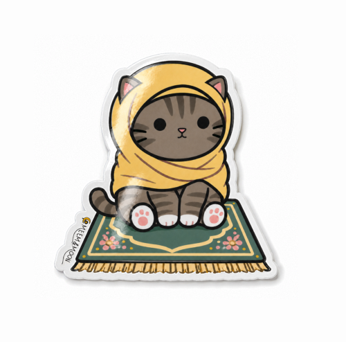 Muslim tabby cat in hijab, on prayer mat sticker (5.5 cm) • Waterproof Vinyl