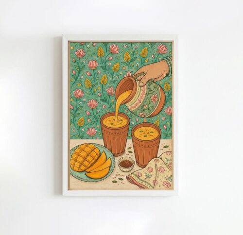 Mango Lassi Art Print, Desi Kitchen Wall Decor, Indian Pakistani Drink Poster, Vintage Floral Kitchen Artwork | Unframed print