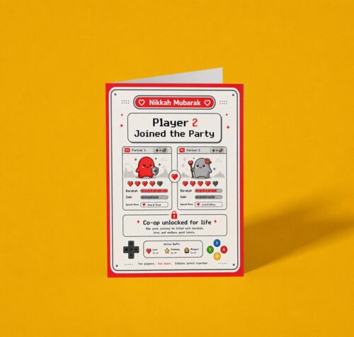 Player 2 Joined The Party - Gaming Themed Nikkah A6 Card, Handmade Muslim Wedding Card, Printed in UK