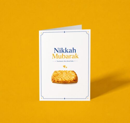 Bakery Themed Nikkah Mubarak A6 Card, Handmade Muslim Wedding Card, Two Hearts One Cheese Bake Card, Printed in UK