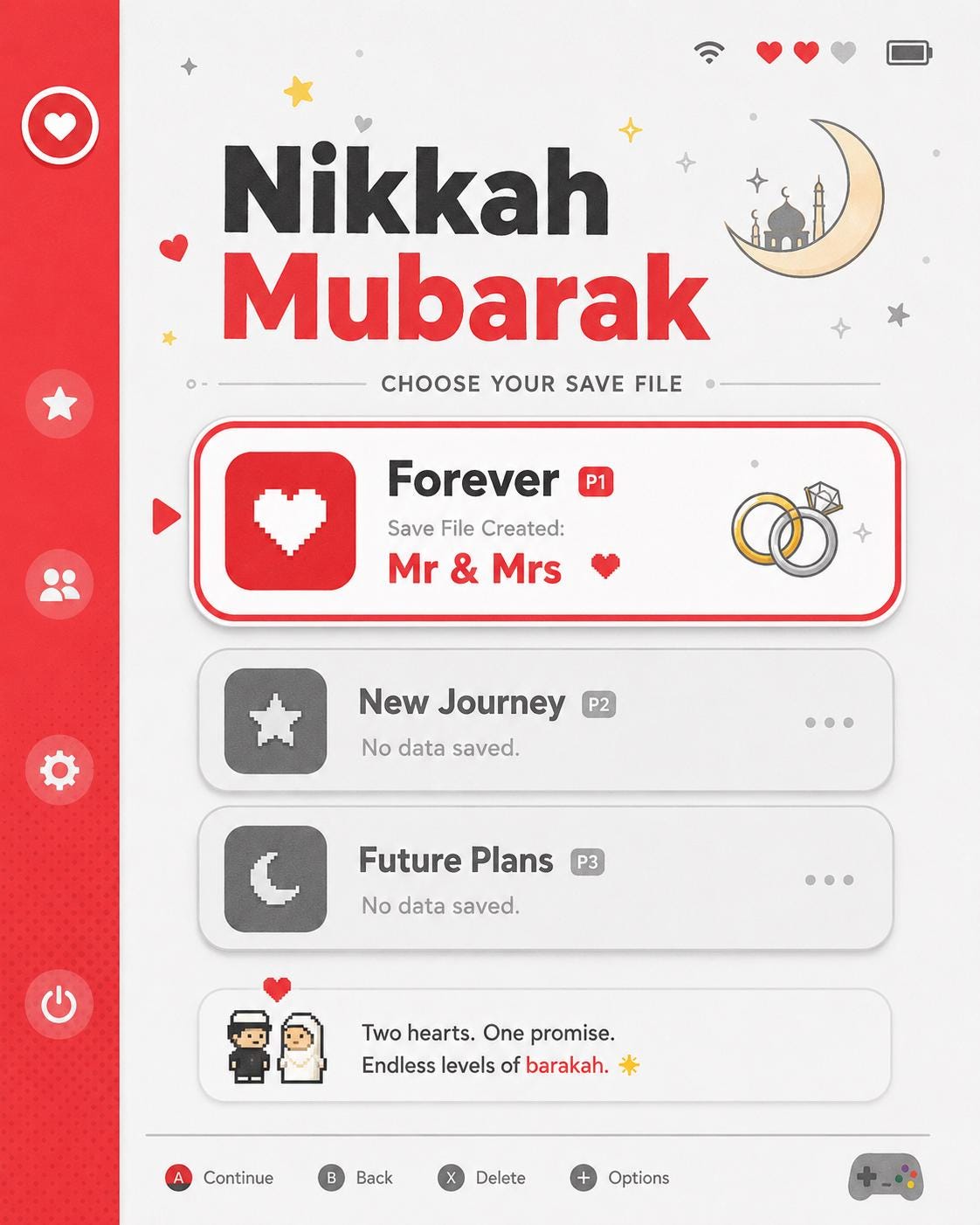 Choose Your Save File - Gaming Themed Nikkah A6 Card, Handmade Muslim Wedding Card, Printed in UK - Image 2