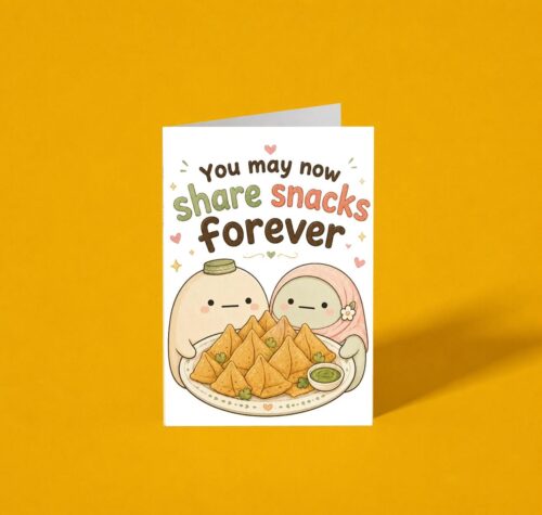 Share Snacks Forever Islamic Marriage Card, Printed in UK, Funny Nikkah Mubarak A6 Card, Handmade Muslim Wedding Card